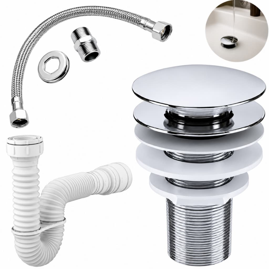 Kit Banheiro Válvula Ralo Click 7/8 Cromada Sifão 72cm  Engate Rabicho Flexível 40cm