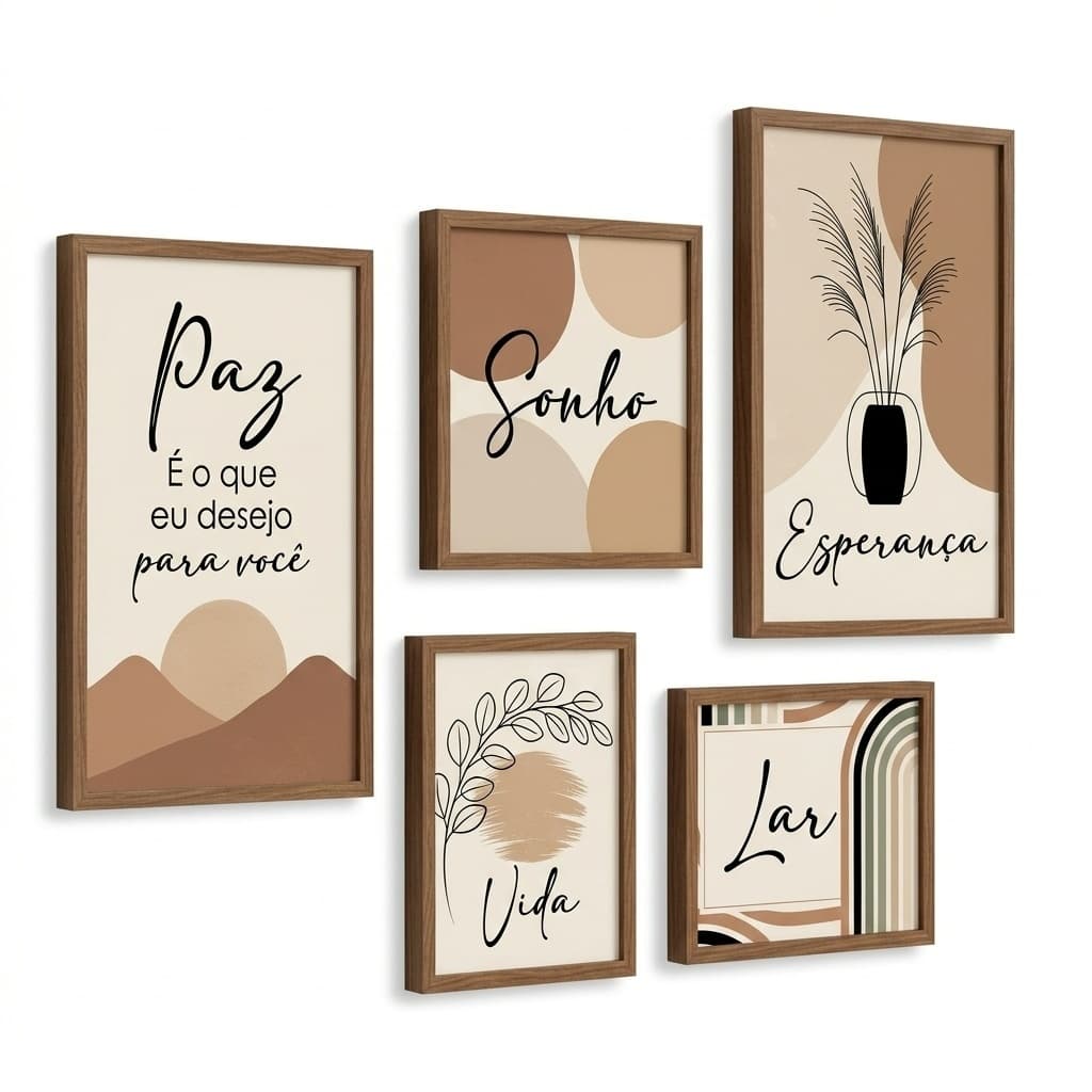 Quadros Decorativos Frases Fé Amor Gratidão MDF 67x50cm Conjunto 5 Peças Marrom