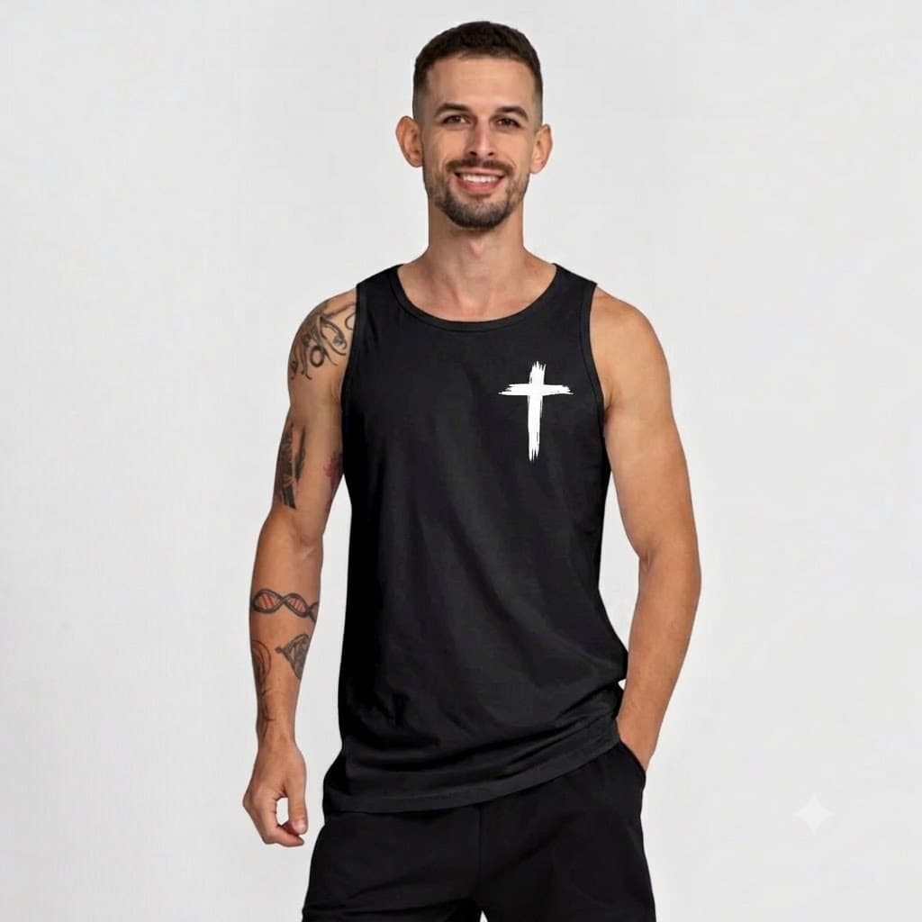 : Regata Masculina Camiseta Sem Manga Estampa Cruz Pincelada Minimalista Algodão Casual Academia Fé Moda Cristã