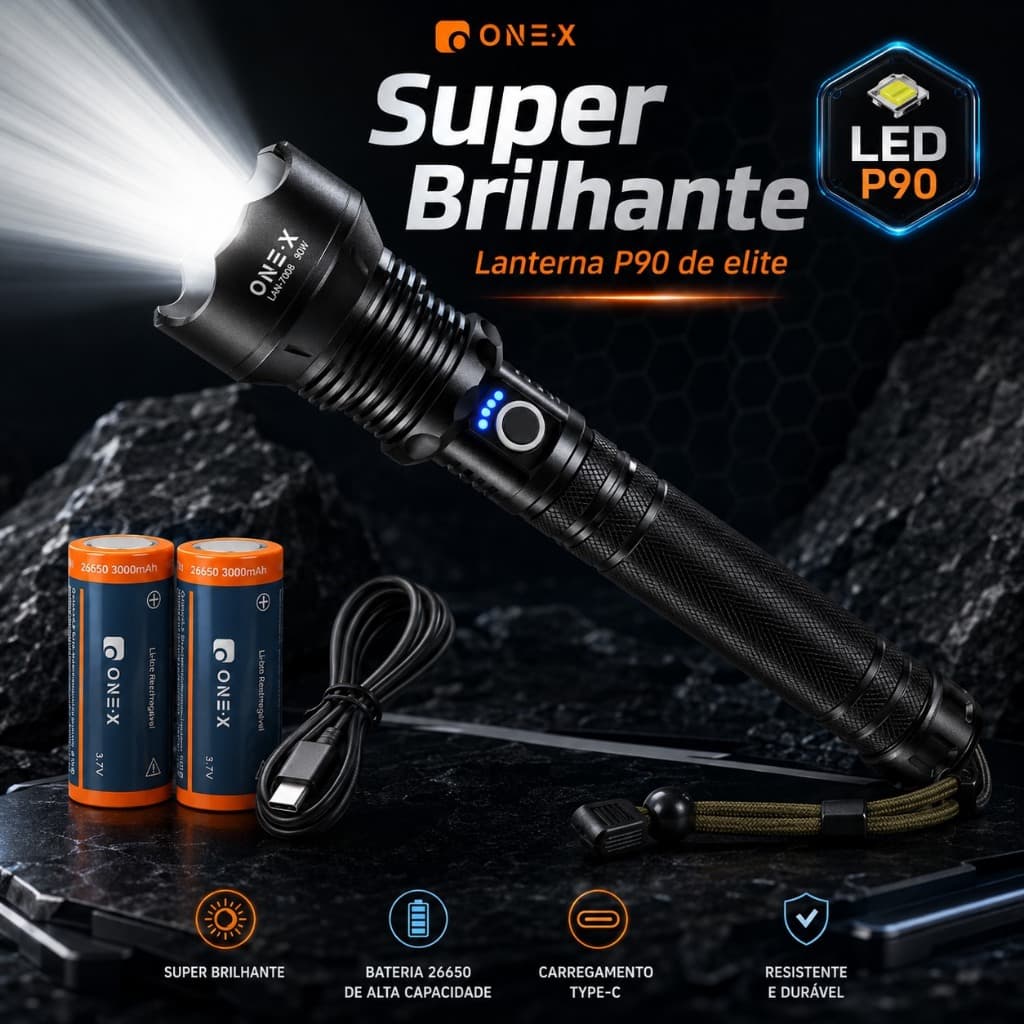 Lanterna Tática LED P90 - Luz Ultra Potente e Zoom Ajustável, Resistente à Água