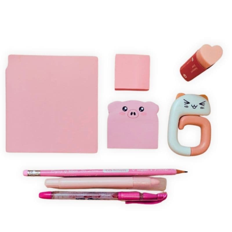 Kit Papelaria Rosa 5 Peças: Caderno, Canetas, Bloco Adesivo, Gancho de Bolsa e Borracha