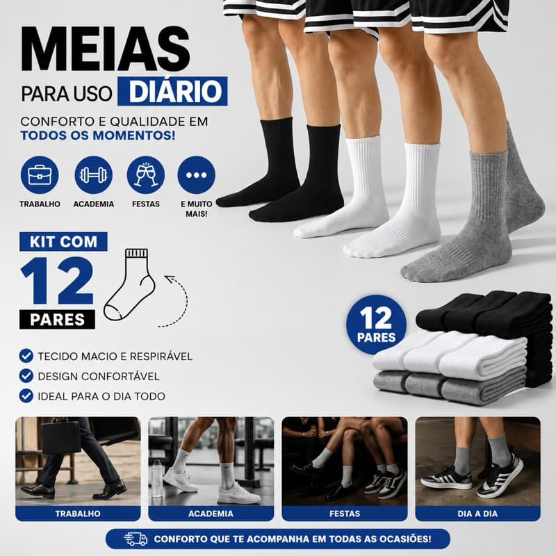 Kit 12 Pares de Meia Cano Alto Uso Diário Conforto Academia Trabalho Corrida Pronta Entrega