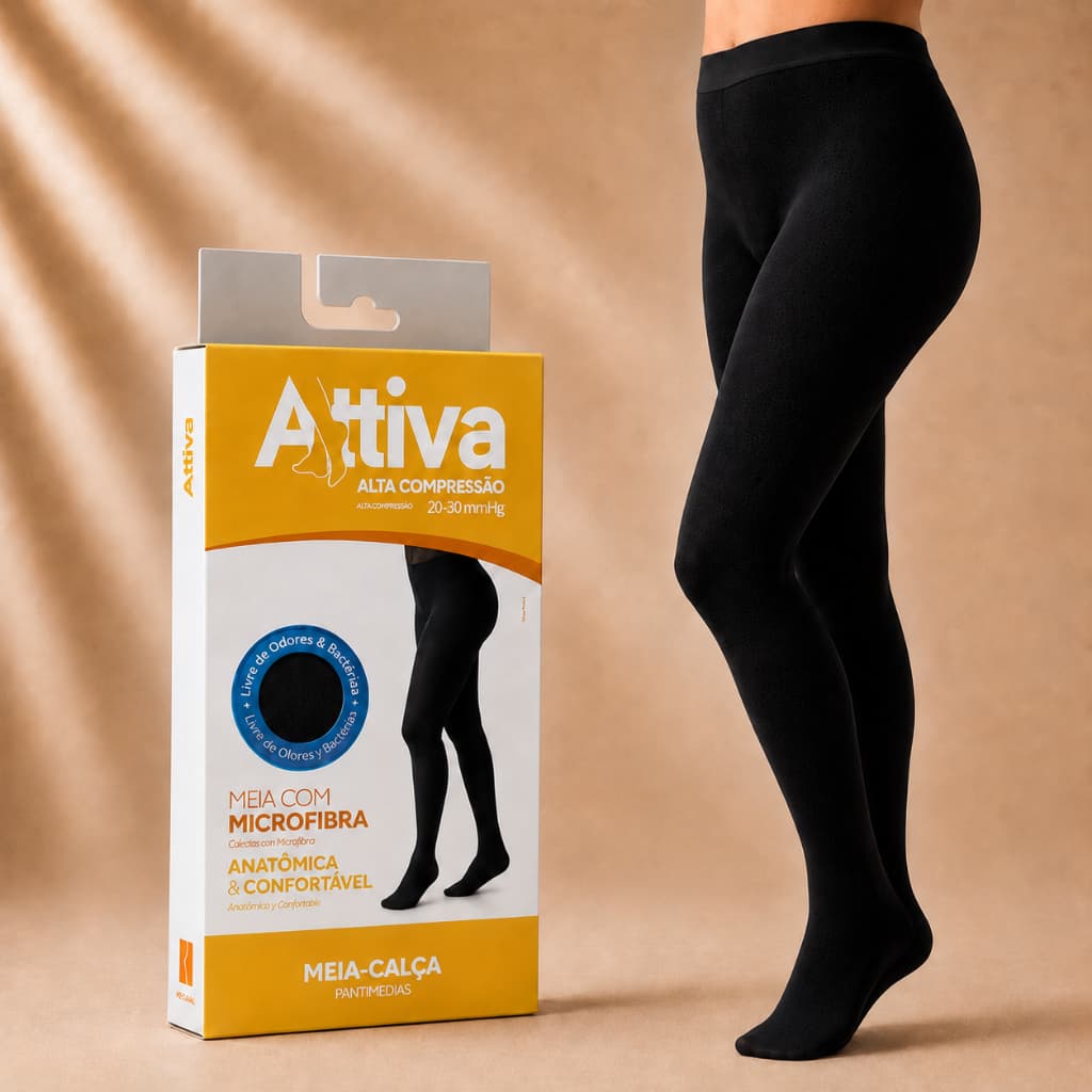 Meia Calça Elástica Attiva Alta Compressão 20-30mmHg Cor Preta Ponteira Fechada