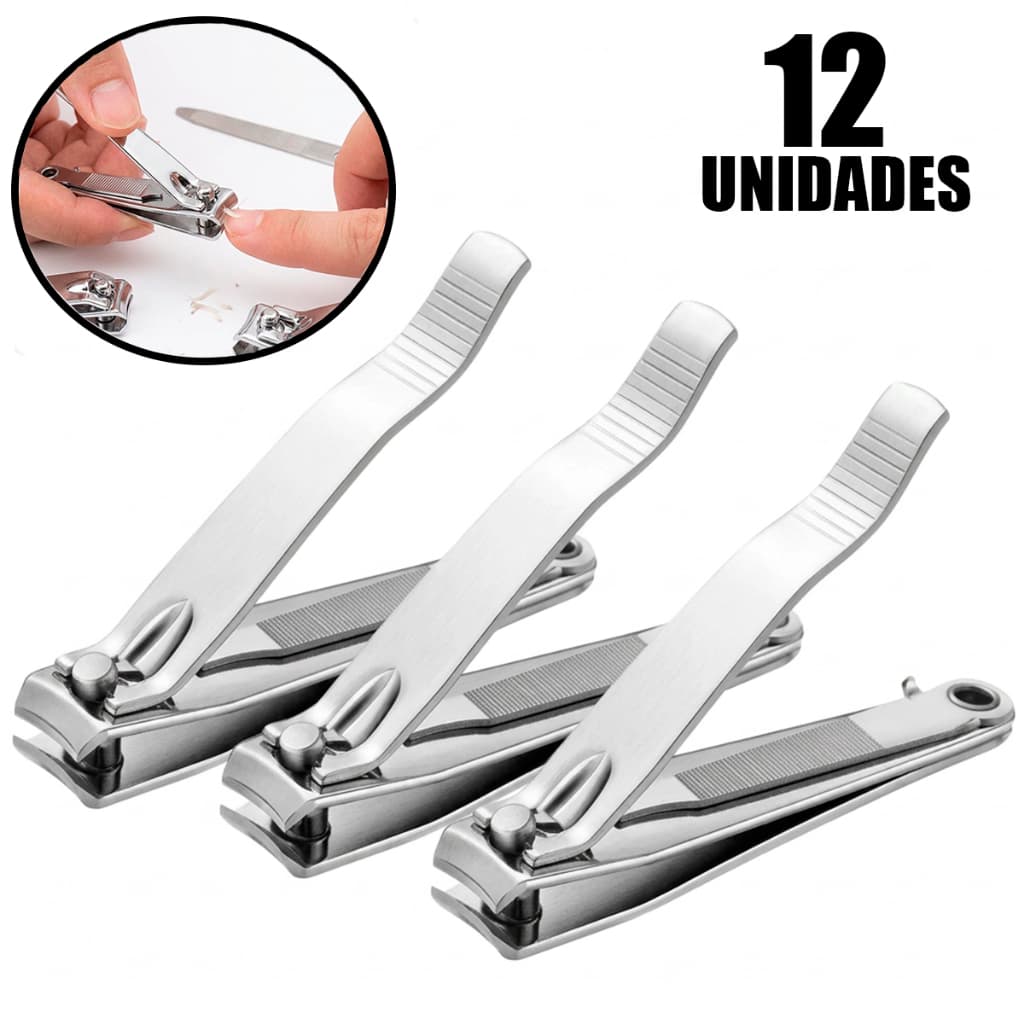 Kit 12 Cortador de Unha Grande de Aço Inox com Lixa Manicure Pedicure Unhas Pés Mãos Afiado Profissional