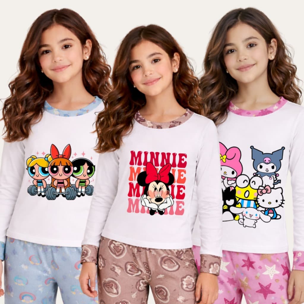 Kit 3 Pijamas Sortidos Longo Roupa de Dormir para Noites Frias Feminina