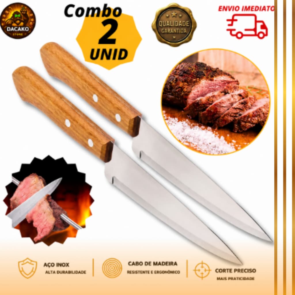 Combo Faca de Cozinha 6" Cabo de Madeira 28cm Aço Inox Churrasco Chef Corte Preciso