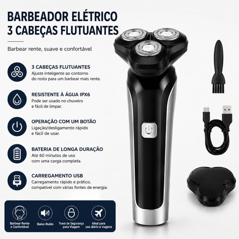 Barbeador Recarregável Sem Fio à Prova d’Água Preto