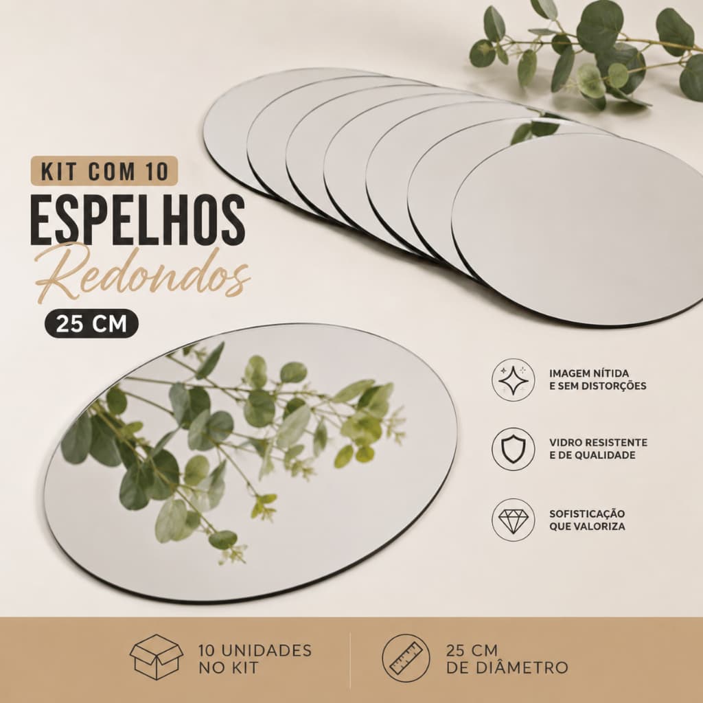 Kit Espelhos de Vidro  25 cm Suporte Decorativo Para Mesa Posta Decorada Sofisticada