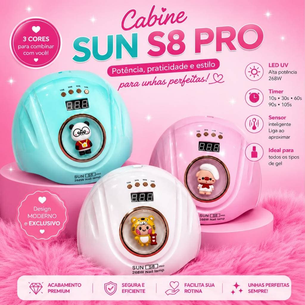 Cabines Sun S8 Pro Sioux 57 LEDs 268w Unha Gel Acrigel Secagem Rápida BIVOLT - Master