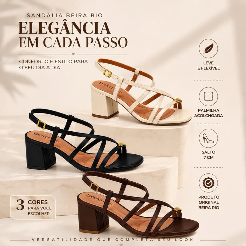 Sandália Feminina Beira Rio Salto Médio Bloco Grosso Tiras Confortável Casual Social Festa Casamento