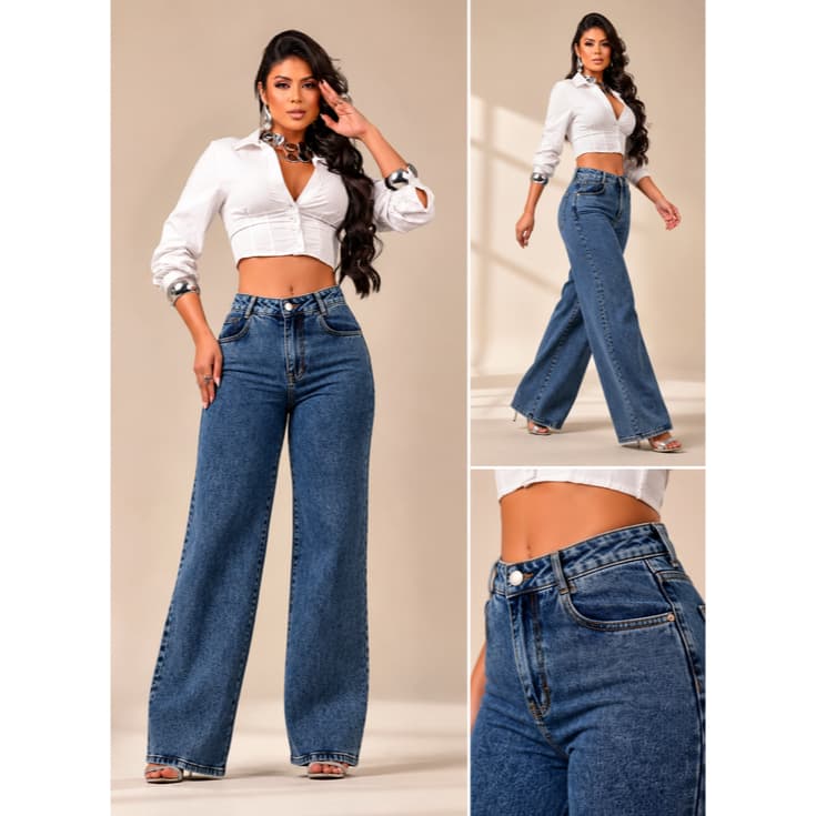Calça Jeans Feminina Wide Leg Cintura Alta 100% Algodão PREMIUM