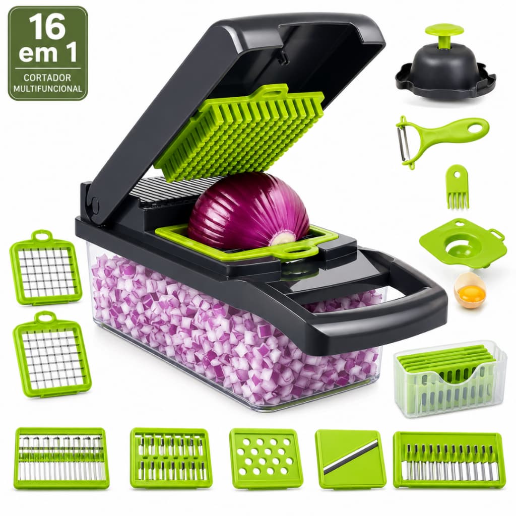 Cortador Ralador Fatiador Legumes Frutas 16 Em 1 Mandoline Multiuso Profissional Cesto Lâminas Inox Protetor Cozinha