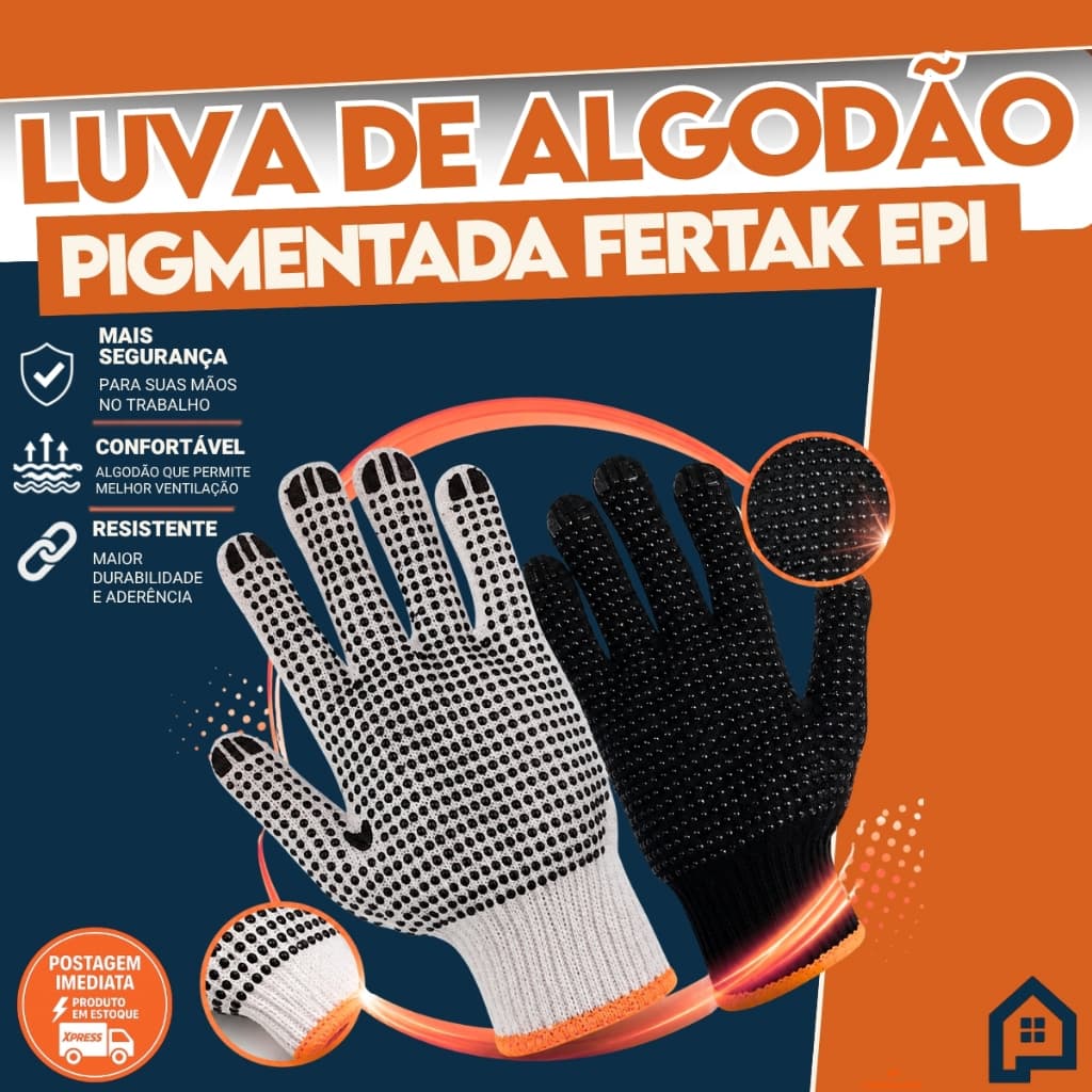 Luva Pigmentada de Malha Tricotada de Algodão Branca ou Preta Obras Construção Mecânica Jardinagem.