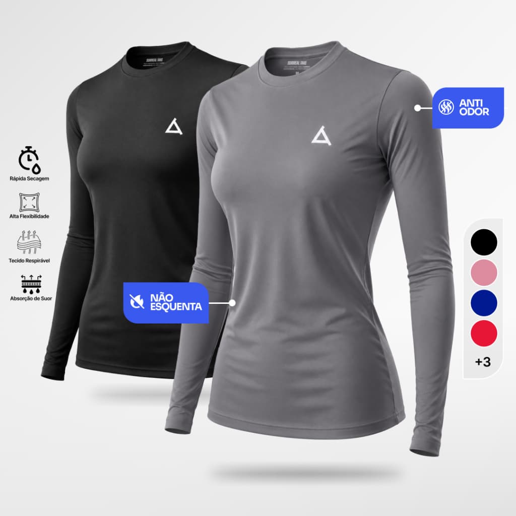 Kit 2 ou 1 Camiseta Térmica Dry Fit Proteção UV 50+ Feminina Segunda Pele Camisa Manga Longa Unissex