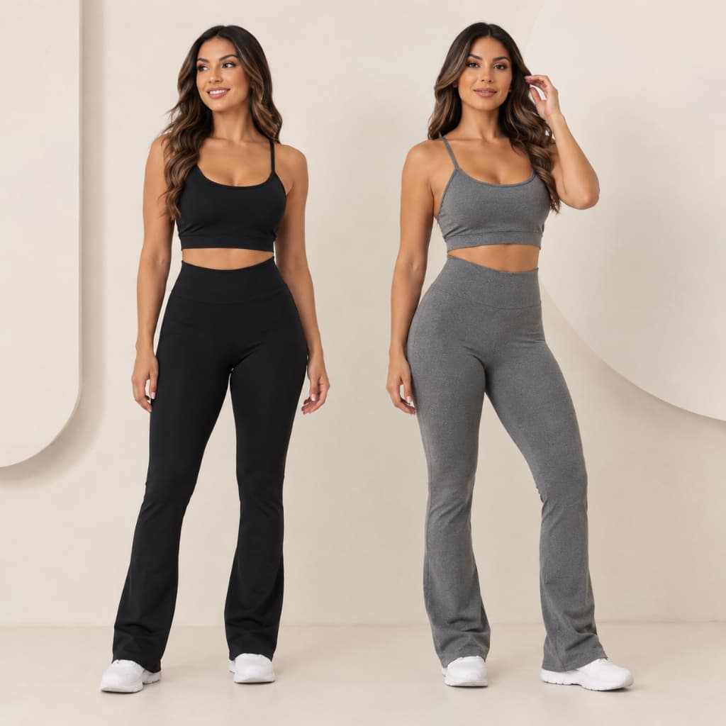 Kit 2 Conjuntos Calças Legging Flare e Top Cropped Feminino De Academia Treino Perfeito