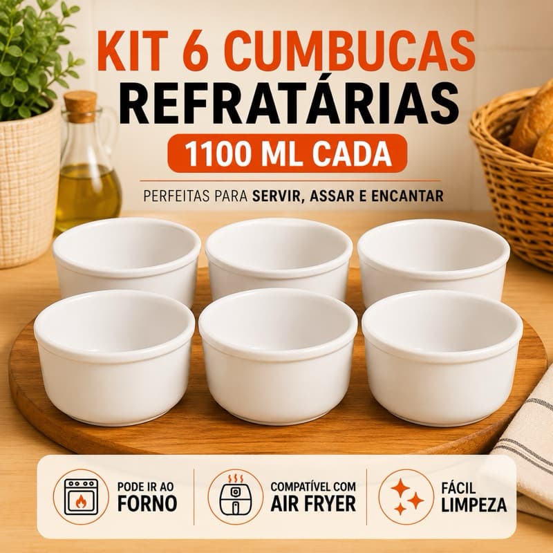 Kit 6 Cumbucas Bowl Tigela Refrataria 1100ml Branca
