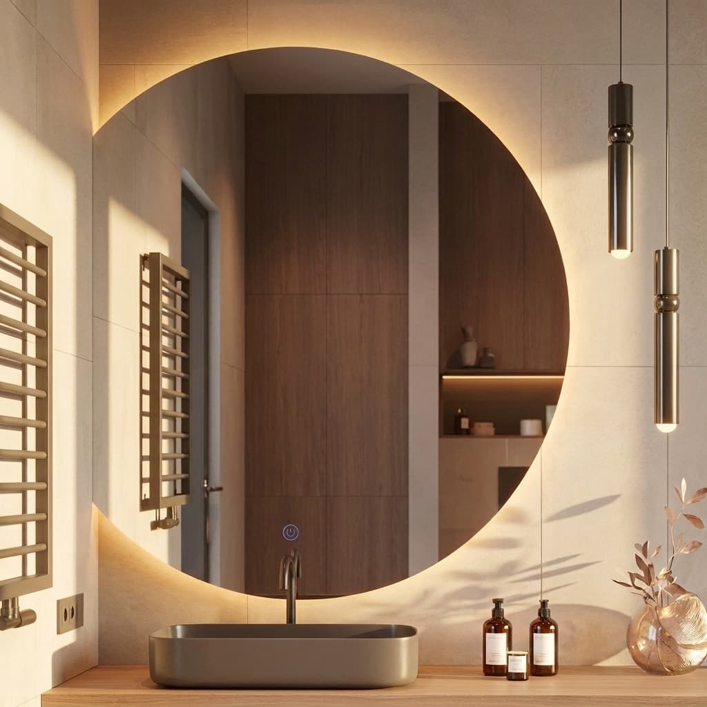 Espelho Meia Lua com LED Traseiro 3 Tons de Luz + Touch Screen 80x70cm Moderno para Banheiro Quarto