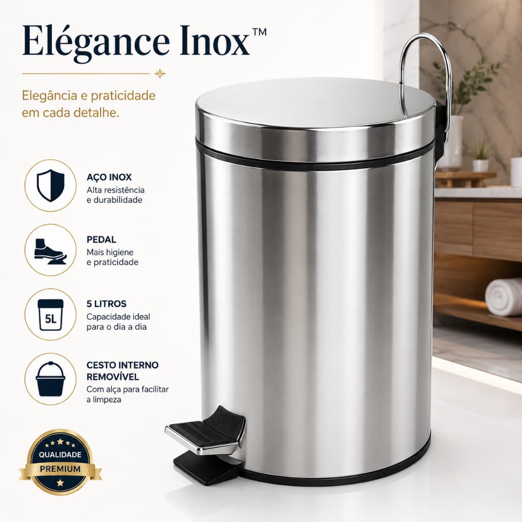 Lixeira Inox Redonda Compacta Multiuso Residencial Escritório 5 Litros Moderna Prática