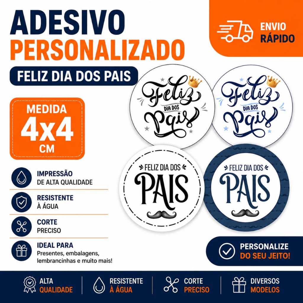 Adesivo Personalizado 4x4cm | Resistente à Água | Corte Redondo | Dia dos Pais