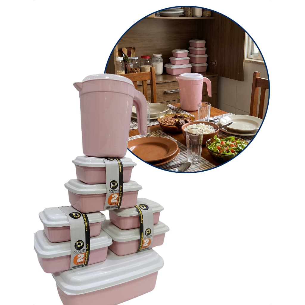 Kit Potes Marmita Plástico e Jarra 1,8L Alimentos Geladeira Cozinha Organizador Freezer Micro-ondas