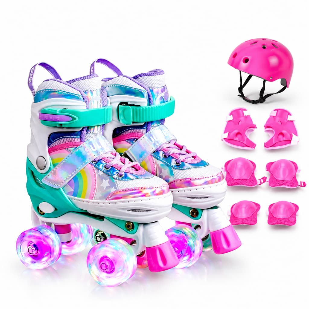 Patins Infantil Roller 4 Rodas Ajustável Leds Nas Rodinhas Arco Íris Rosa/Verde COM OU SEM KIT