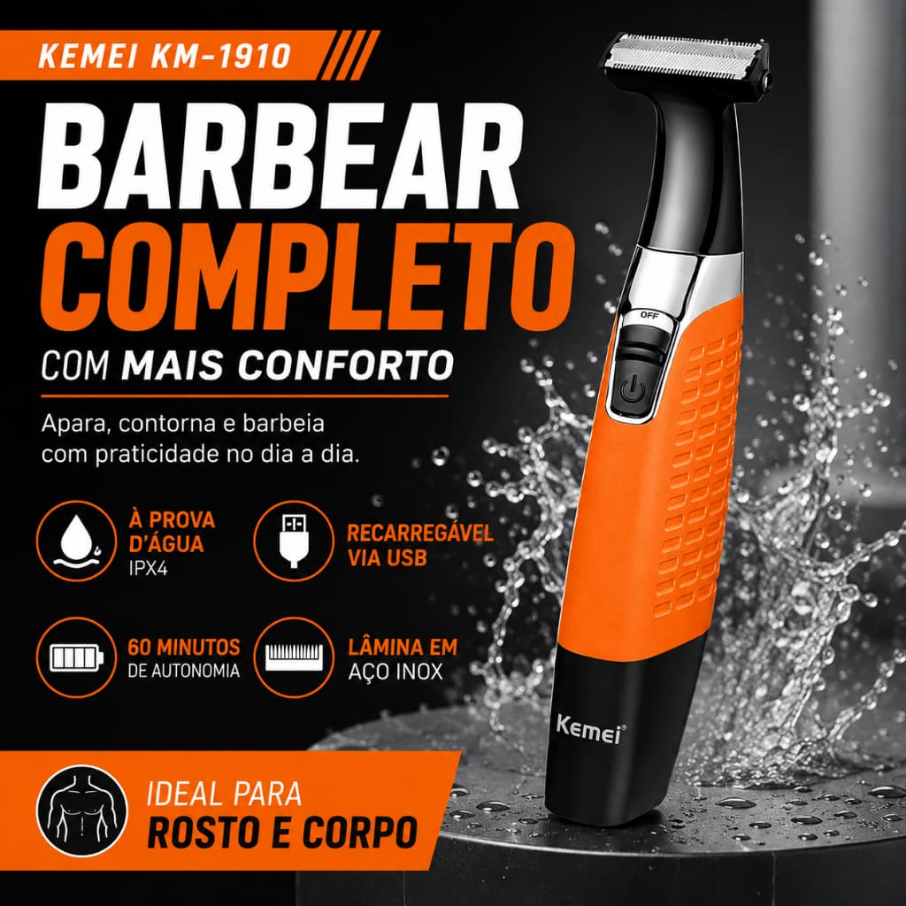 Máquina de Barbear Kemei KM-1910 Recarregável USB Aparador Trimmer Corporal À Prova D'Água IPX4