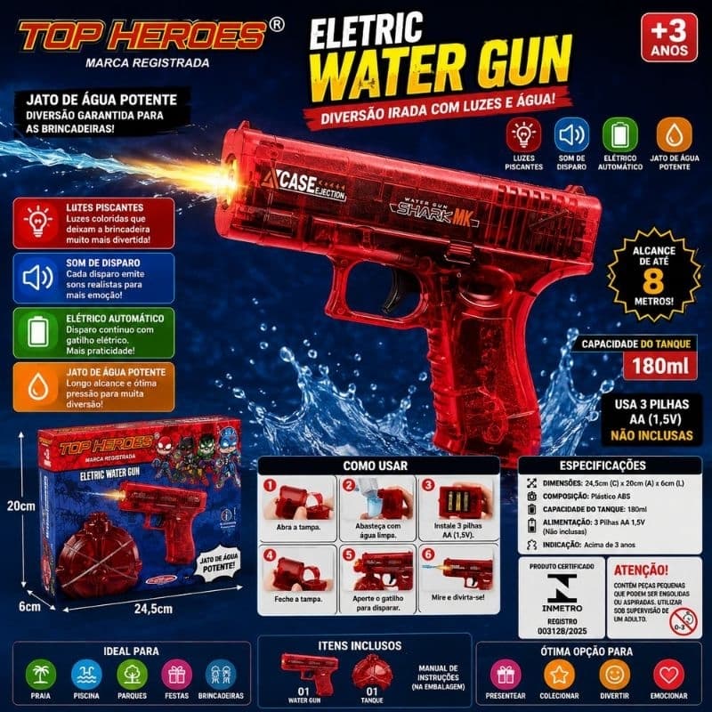 Pistola de Água Elétrica Recarregável com Luzes de Tambor