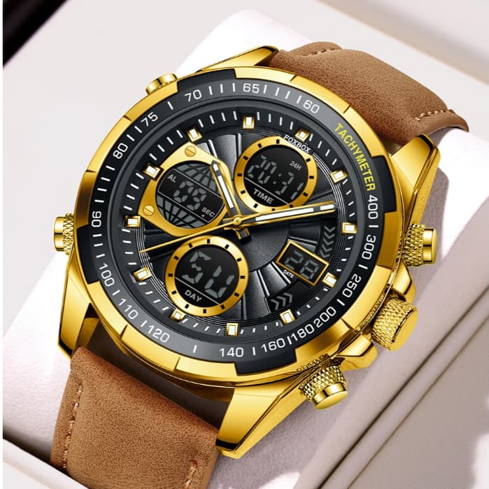 Relógio Masculino Esportivo à Prova d'Água com Pulseira de Couro LED e Dual Display Watch