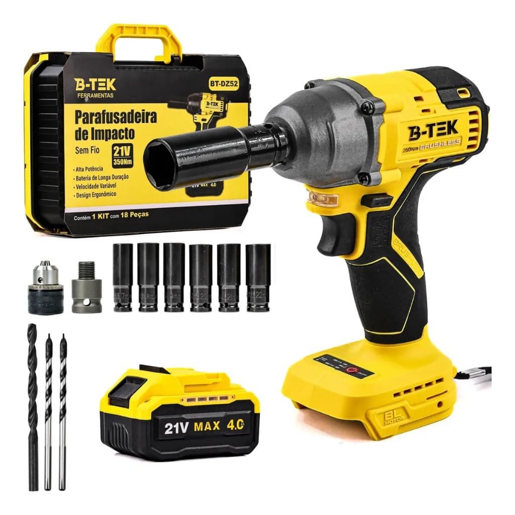 Kit Furadeira e Parafusadeira Chave De Impacto 21V Sem Fio 18Pçs 2 Baterias