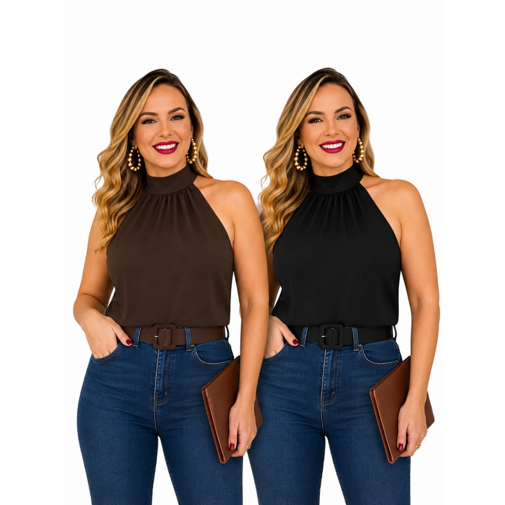 Kit 2 Blusas Femininas Cavada Gola Alta Regata Elegante Tecido Leve Social Casual