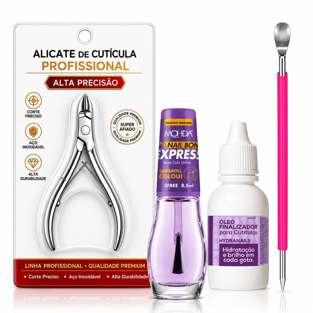 Kit Alicate de Cutícula Profissional Cola Unhas Óleo Cutículas Espátula Completo