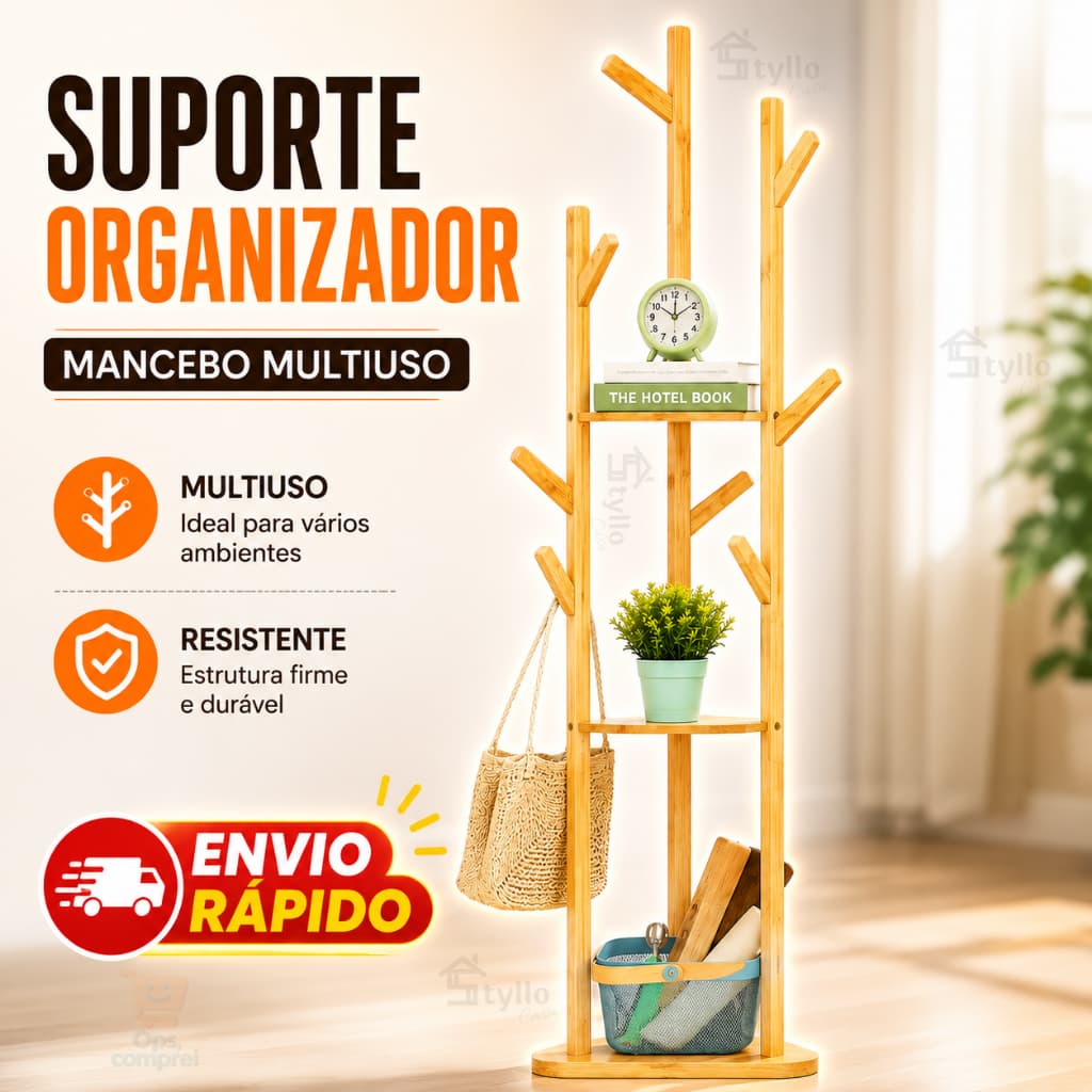 Cabideiro Bambu Chão Arara Roupa Bolsa Decoração Organizador