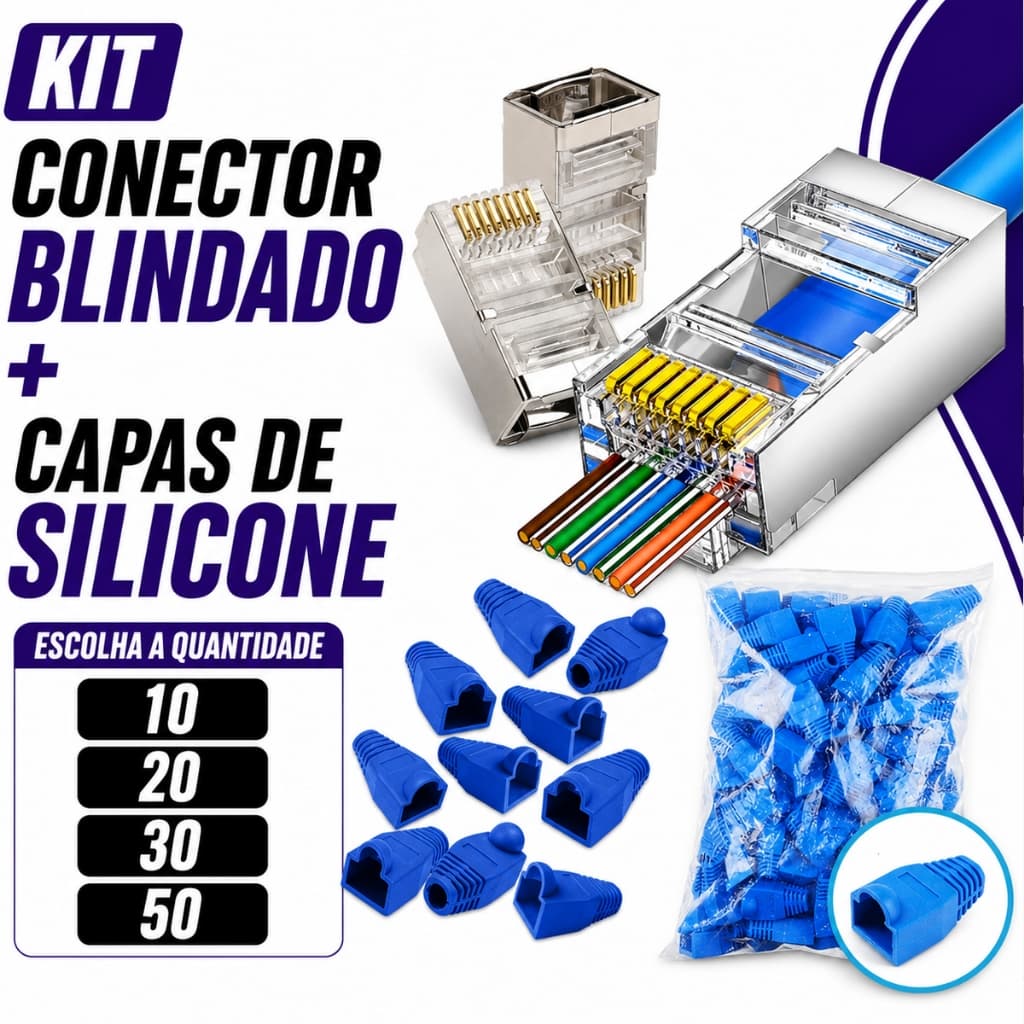 Conector Rj45 Blindado Vazado Cat5e Cat6 Ez-crimp Internet Rede LAN + Capas Silicones 10 20 30 PEÇAS