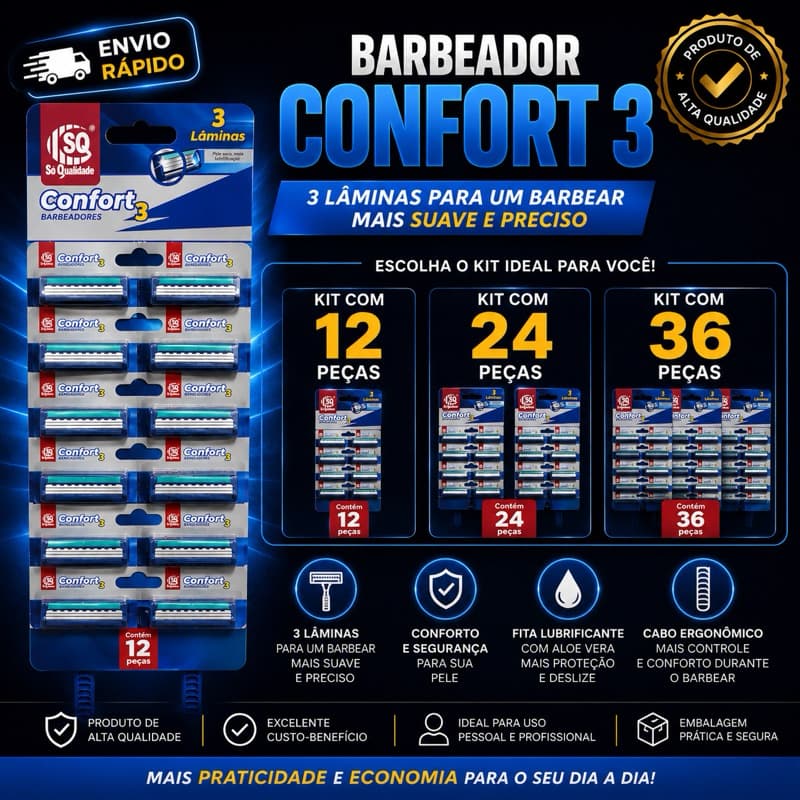 Kit 12 Aparelhos de Barbear Confort 3 – 3 Lâminas | Fita Lubrificante | Barbear Suave e Preciso