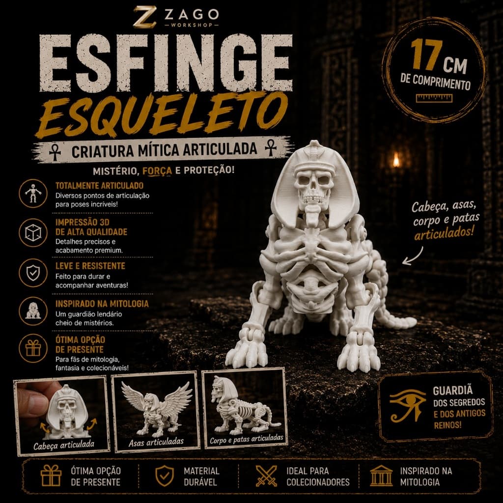 Esfinge Esqueleto Articulada 17cm Impressão 3D Flexível Criatura Mitológica Colecionável