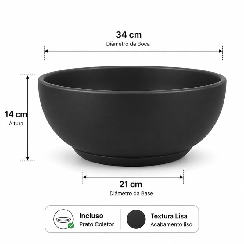 Vaso Bacia Redonda grande 34cm para Plantas Decorativo em Polietileno com Prato Coletor