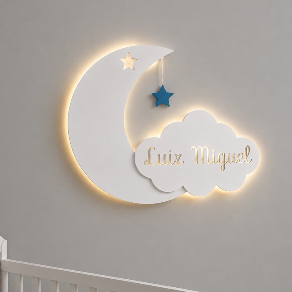 Lua, Nuvem E Nome Luminária Nome Personalizado MDF Branco Decoração de Parede Quarto Infantil Menino Menina