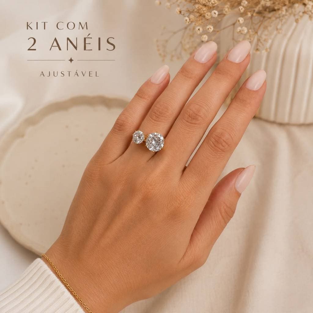 Kit Virgínia 2 Anéis Femininos Ajustáveis Folheados Zircônia Brilho Luxo