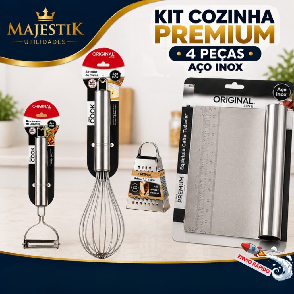Kit Confeitaria 4 Peças em Aço Inox - Espátula Cabo Tubular / Fouet - Batedor /Descascador / Ralador