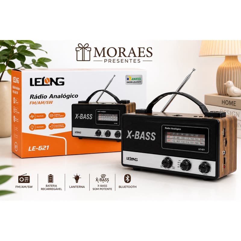 Rádio retrô LE-621 FM/AM/SW com Bluetooth, USB, TF, bateria recarregável, X-BASS e lanterna integrada.
