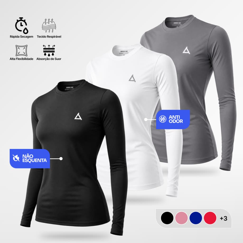 Kit 3 Camiseta Térmica Dry Fit Proteção UV 50+ Feminina Segunda Pele Camisa Manga Longa Unissex