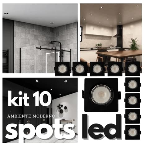 Kit 10 Luminárias Spot Led 7w Preto Embutir Direcionável Teto  6500k  / 3000k Redondo/ Quadrado
