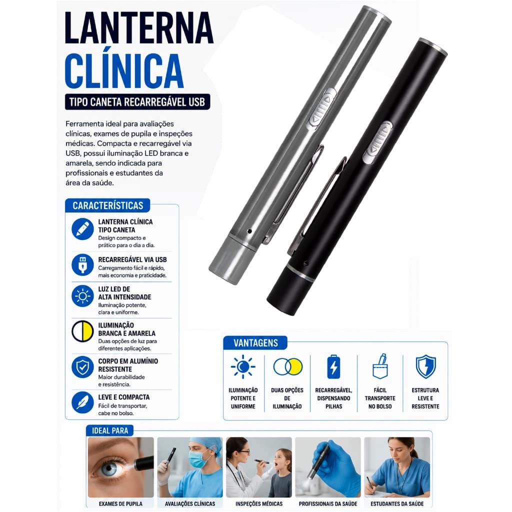 Lanterna Clínica Médica De Bolso Tipo Caneta Recarregável USB LED Luz Branca e Amarela em Alumínio Com Estojo