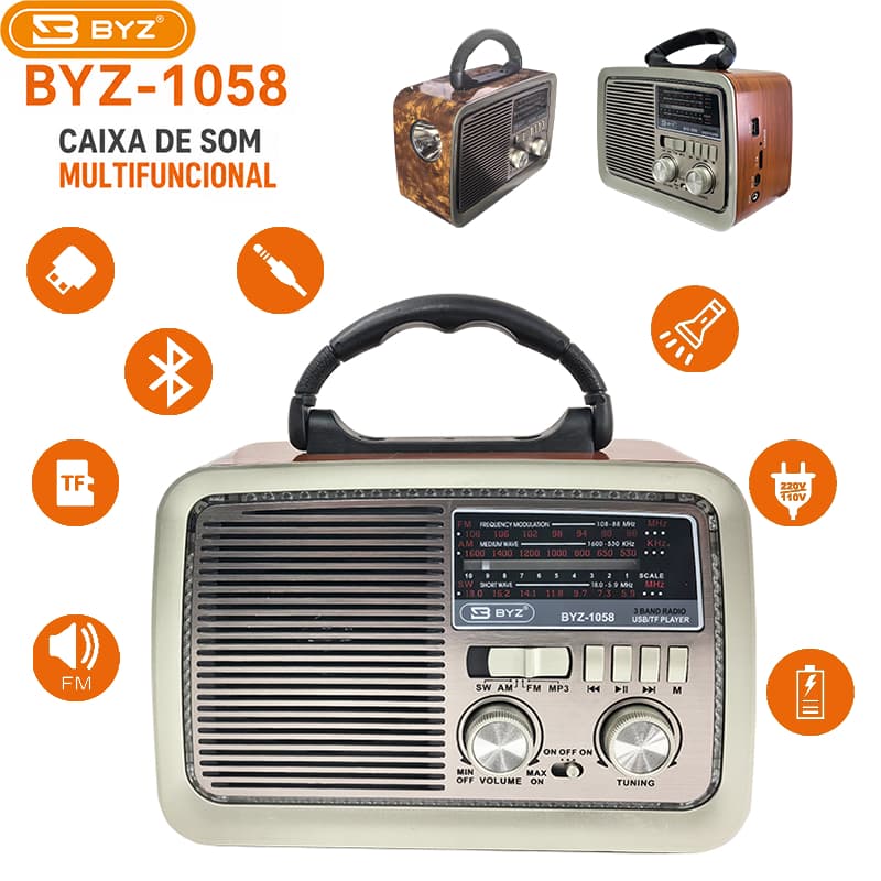 BYZ-1058 Caixa de Som Estilo Madeira Bluetooth Rádio FM/SW/AW USB TF Aux Lanterna Bateria Bivolt 110V/220V