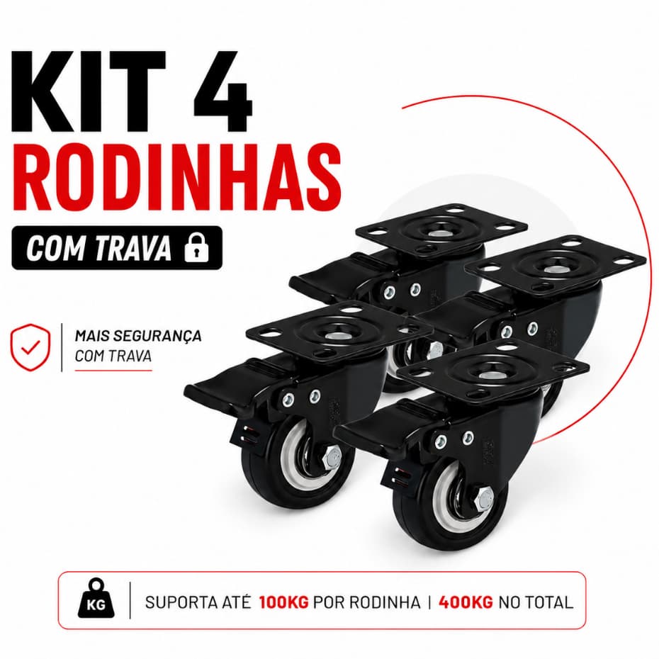 Kit 4 Rodinhas Para Moveis Rodizios Rodas Reforcada Com Trava 50mm 2" Polegadas 400kg