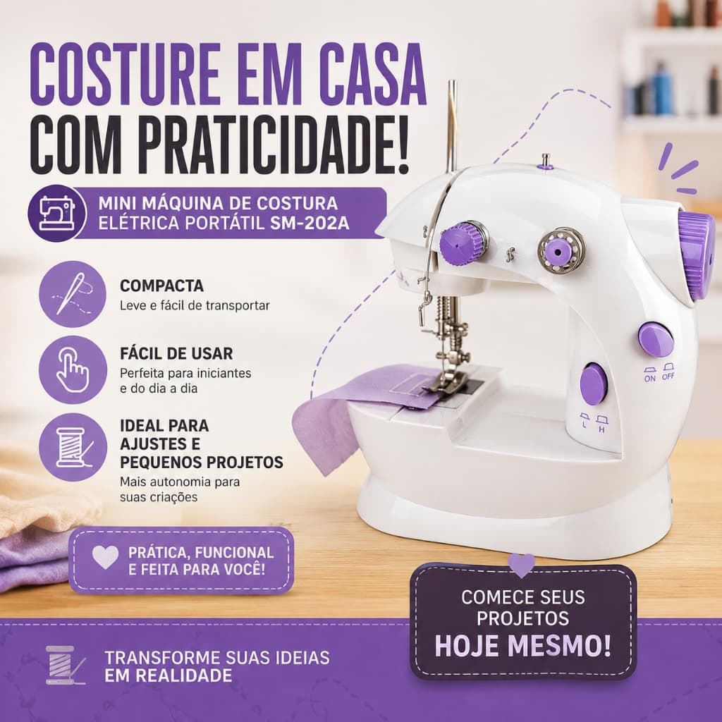 Mini Máquina de Costura Elétrica Portátil Bivolt Compacta 2 Velocidades Costura Tecidos e Jeans