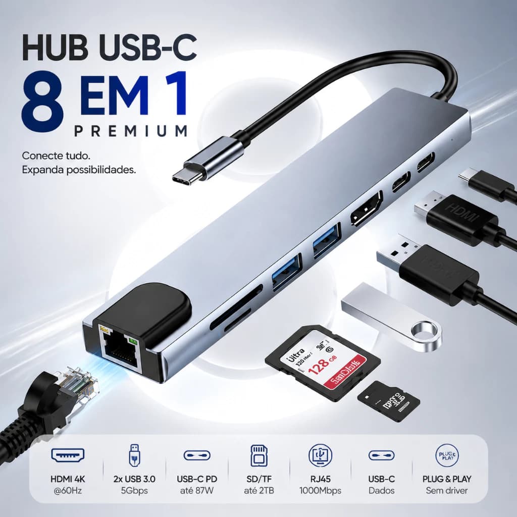Adaptador Hub USB-C 8 em 1 B-Max HDMI 4K RJ45 FAST 2x USB 3.0 2x USB 2.0 SD PD Notebook MacBook