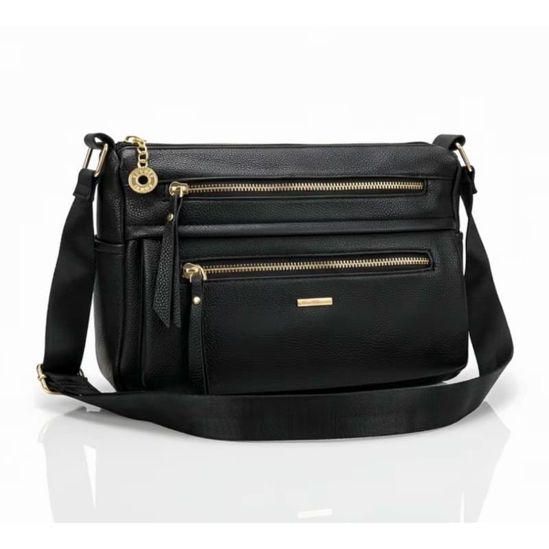 Bolsa Transversal Feminina | 5 Bolsos com Zíper Preta