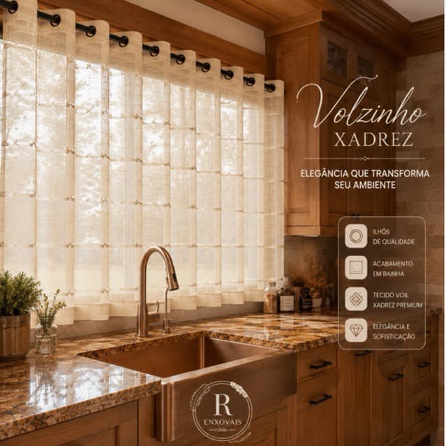 Cortina Decorativa Voil Xadrez 3,00x1,40m – Perfeita para Sala, Quarto e Cozinha