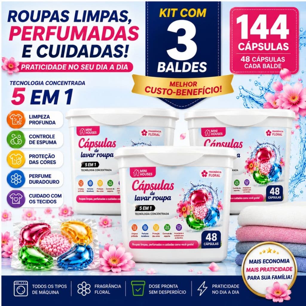 Kit com 3 Baldes Sabão em Cápsulas 144 unidades 5 em 1 | Lava Roupas Floral para Todos os Tipos de Máquina | Limpeza Pro